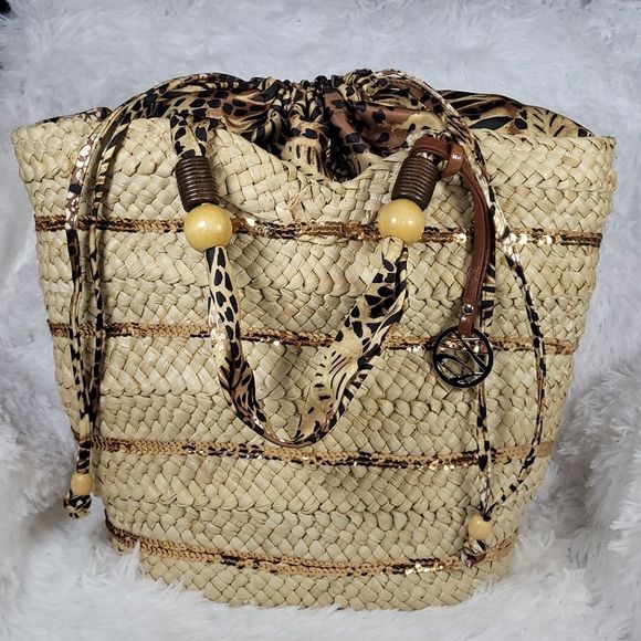 Style & Co. Cheetah Print Straw Tote Bag - Picture 3 of 6